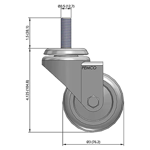Side view drawing of caster with dimensions